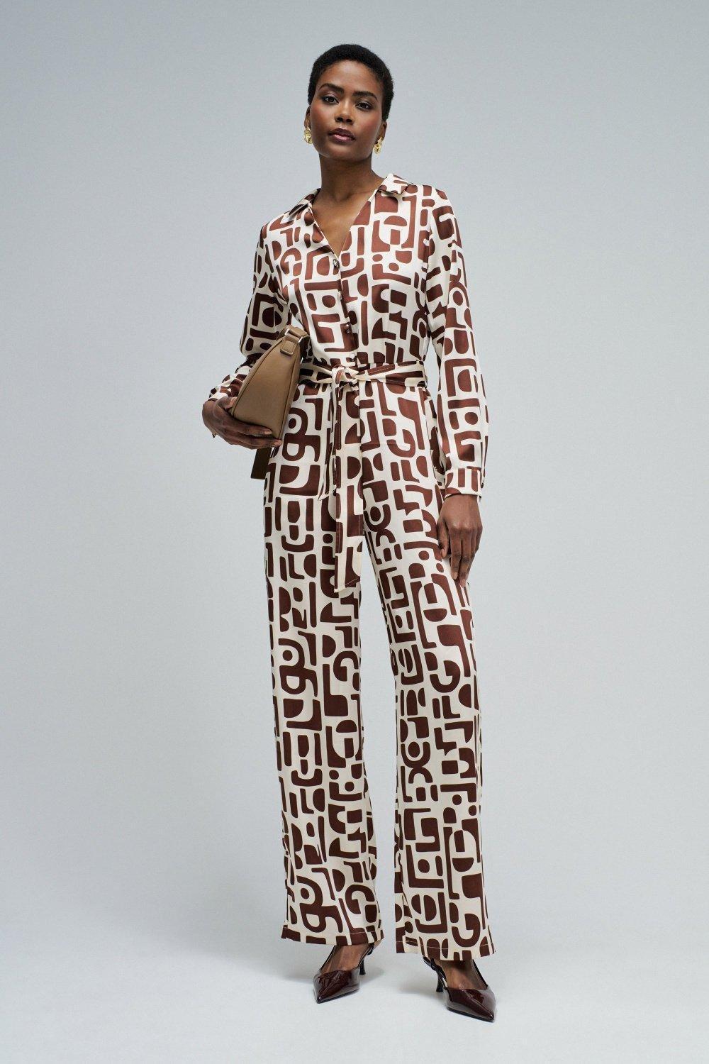 Satin Jumpsuit With Pattern, Beige, medium
