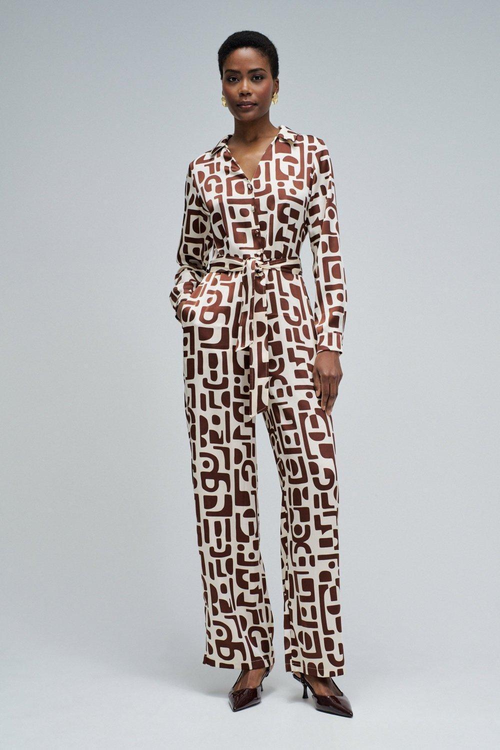 Satin Jumpsuit With Pattern, Beige, medium