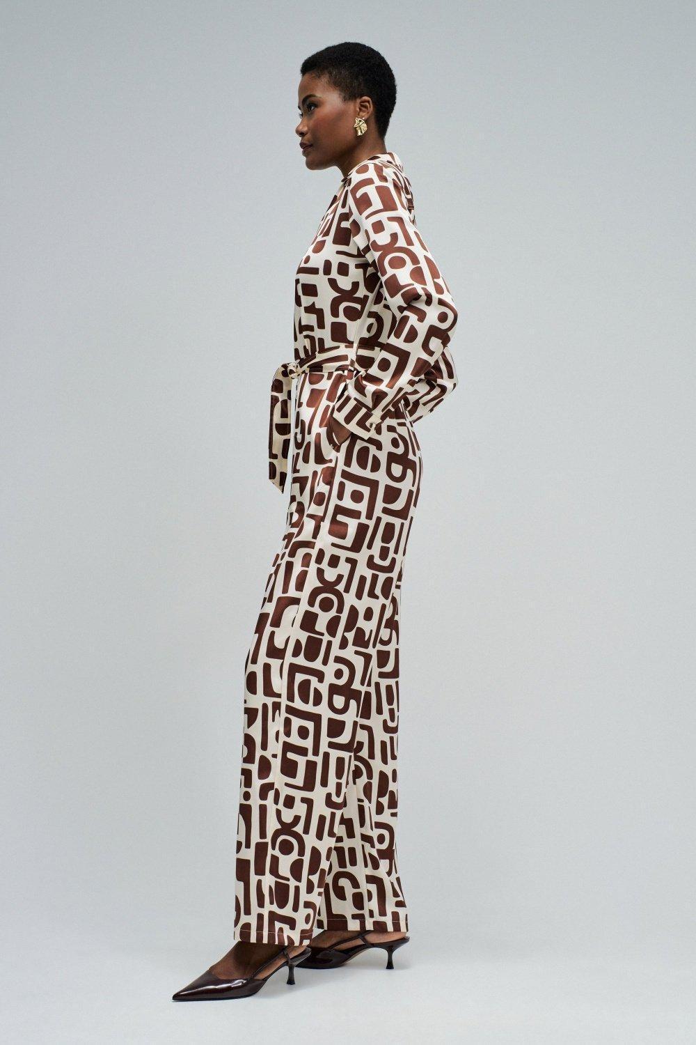 Satin Jumpsuit With Pattern, Beige, medium