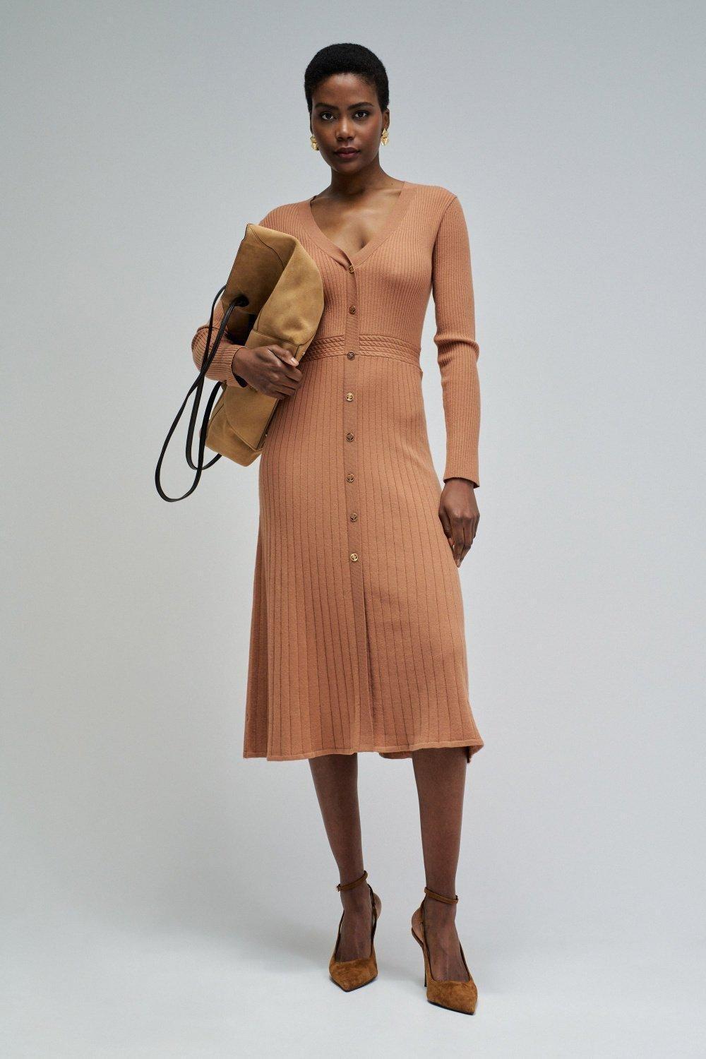 Ribbed Knit Dress, Brown, medium