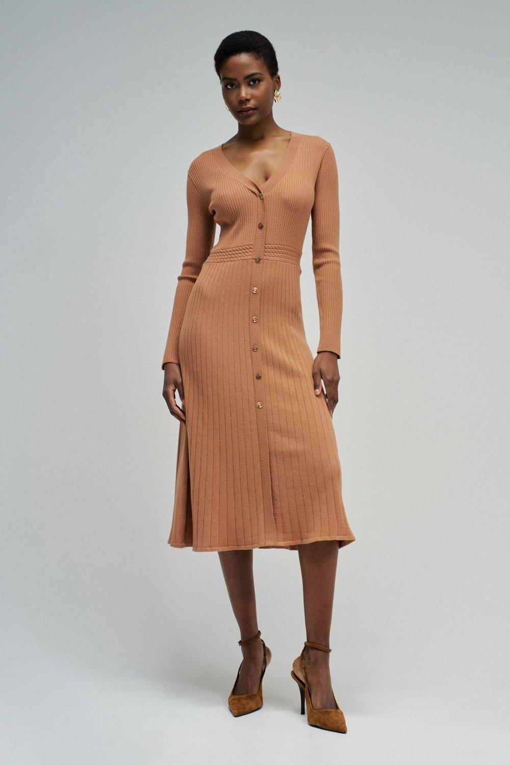 Ribbed Knit Dress, Brown, large image number 1