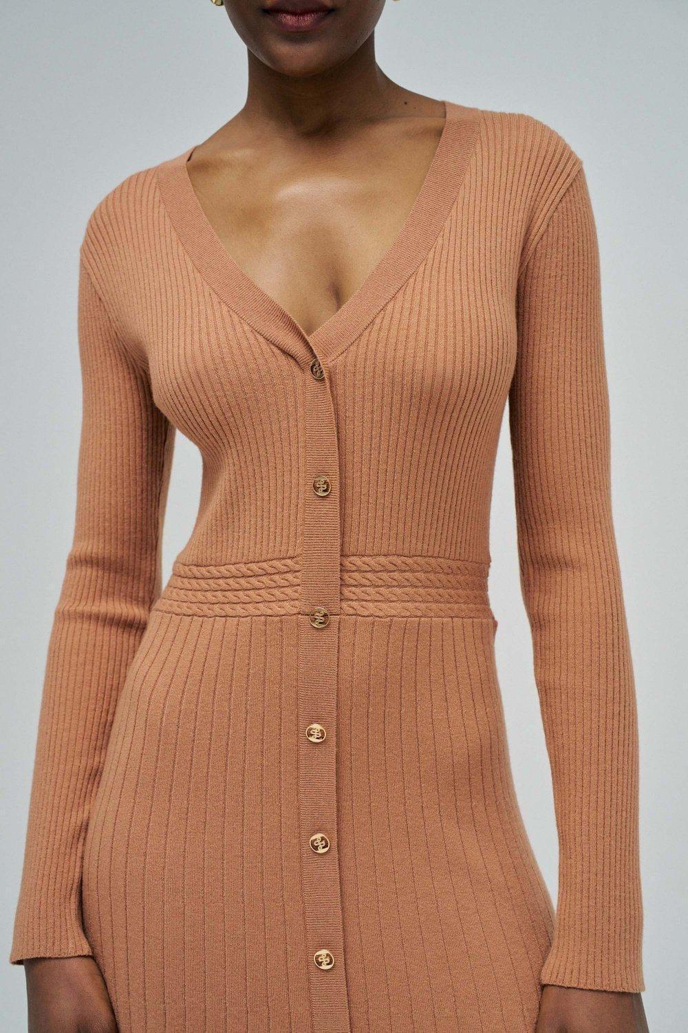 Ribbed Knit Dress, Brown, large image number 4