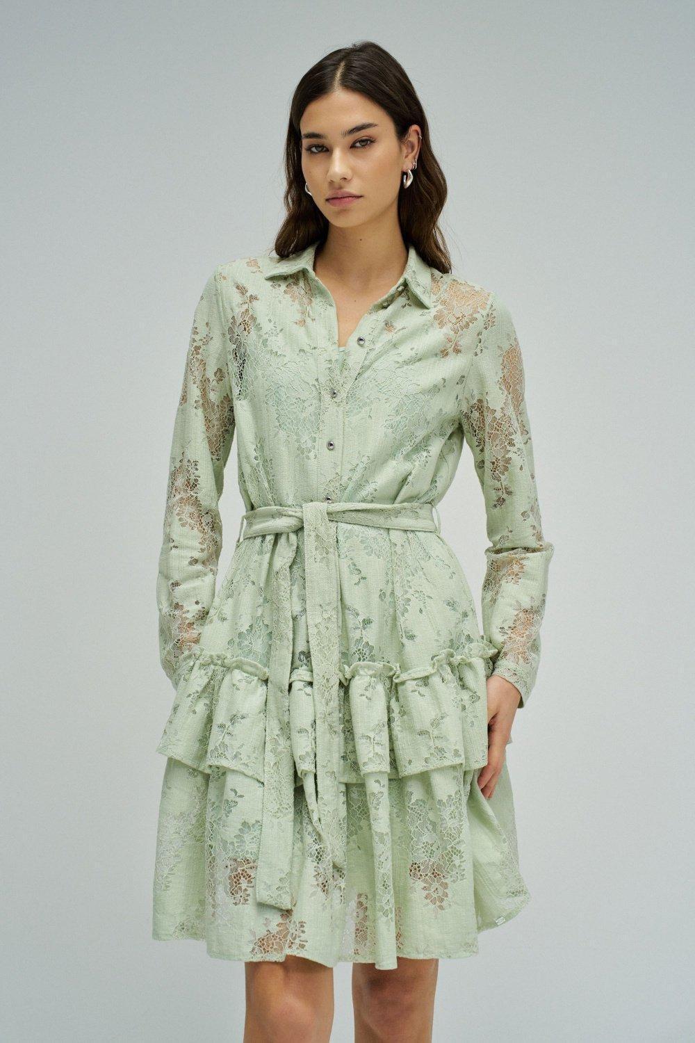 Shirt Lace Dress with Interior Slip Dress, Turquoise, large image number 0