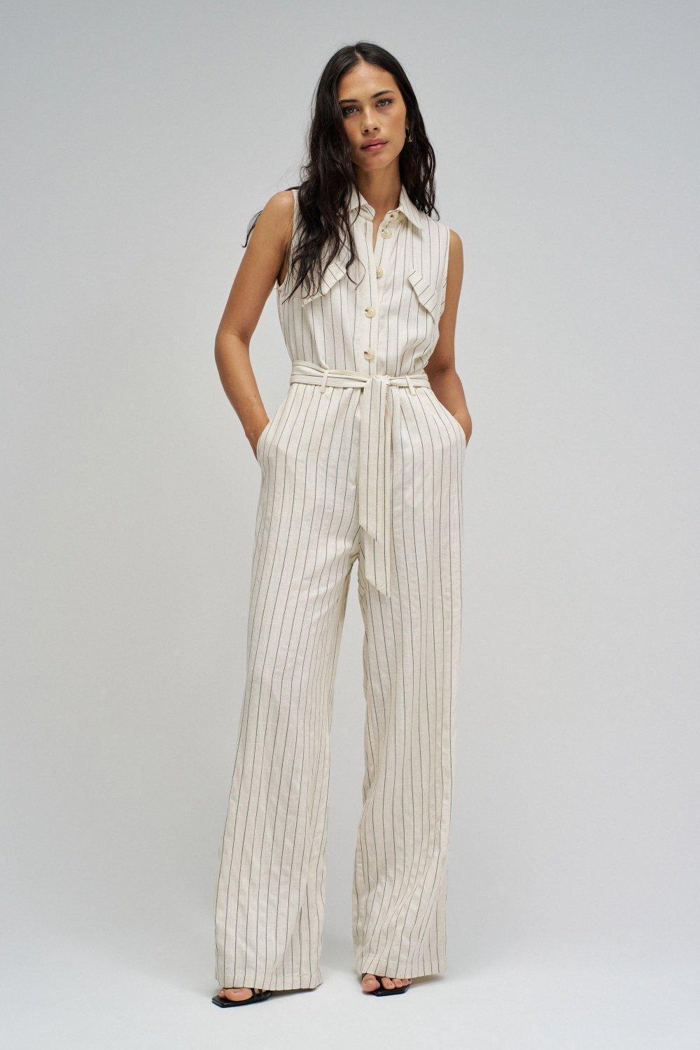 Striped Overalls With Linen, White, medium