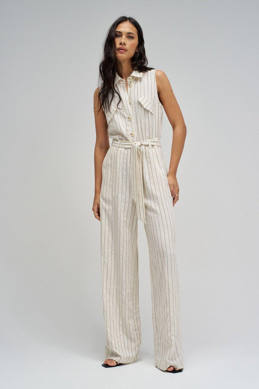 Striped Overalls With Linen, White, medium