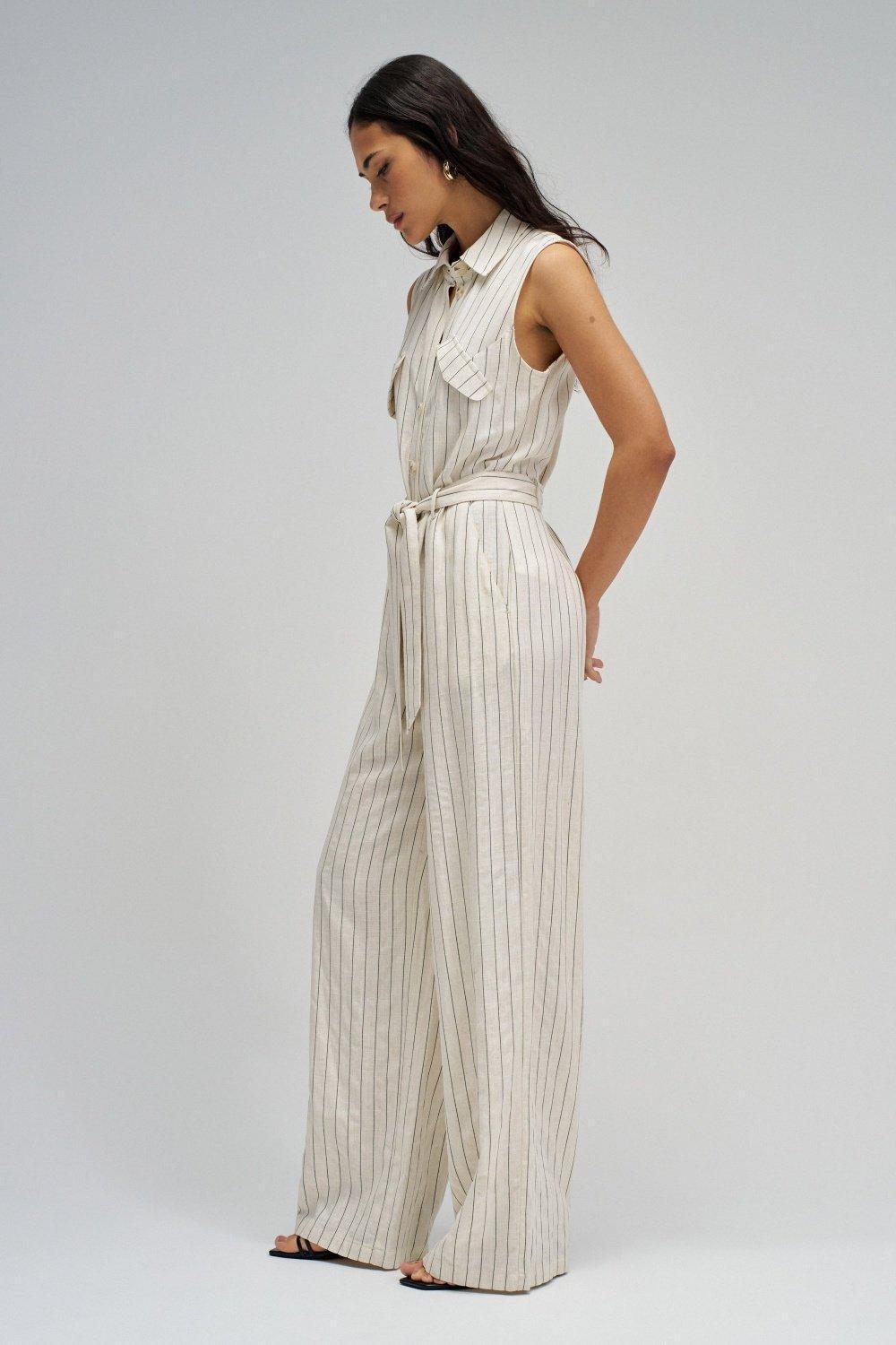 Striped Overalls With Linen, White, medium