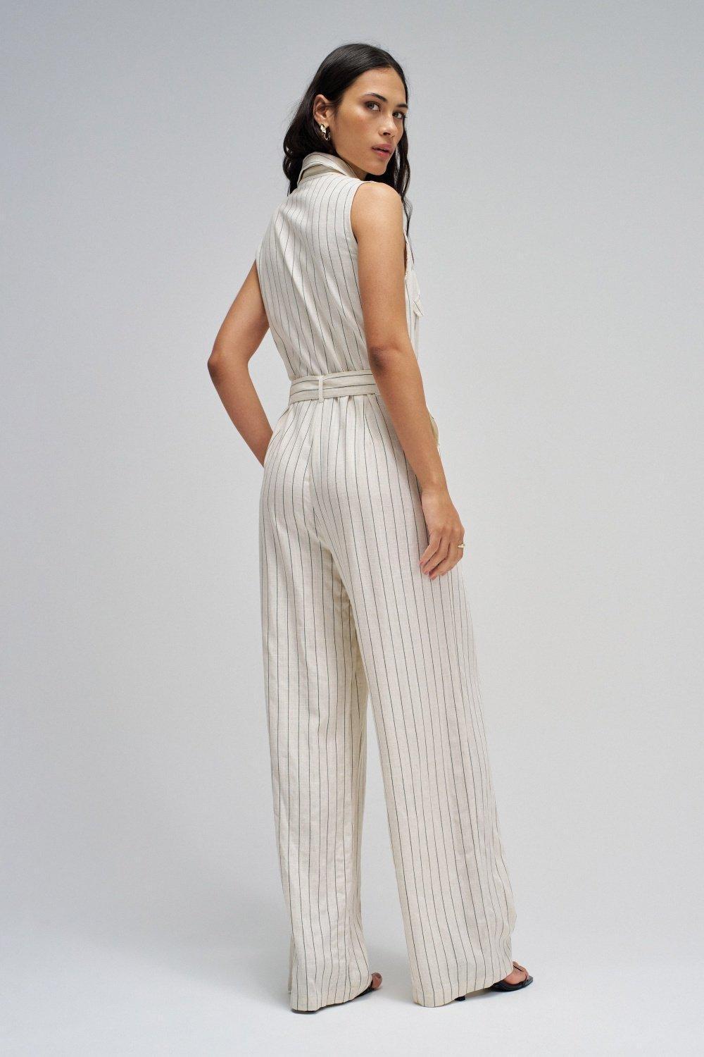Striped Overalls With Linen, White, large image number 3