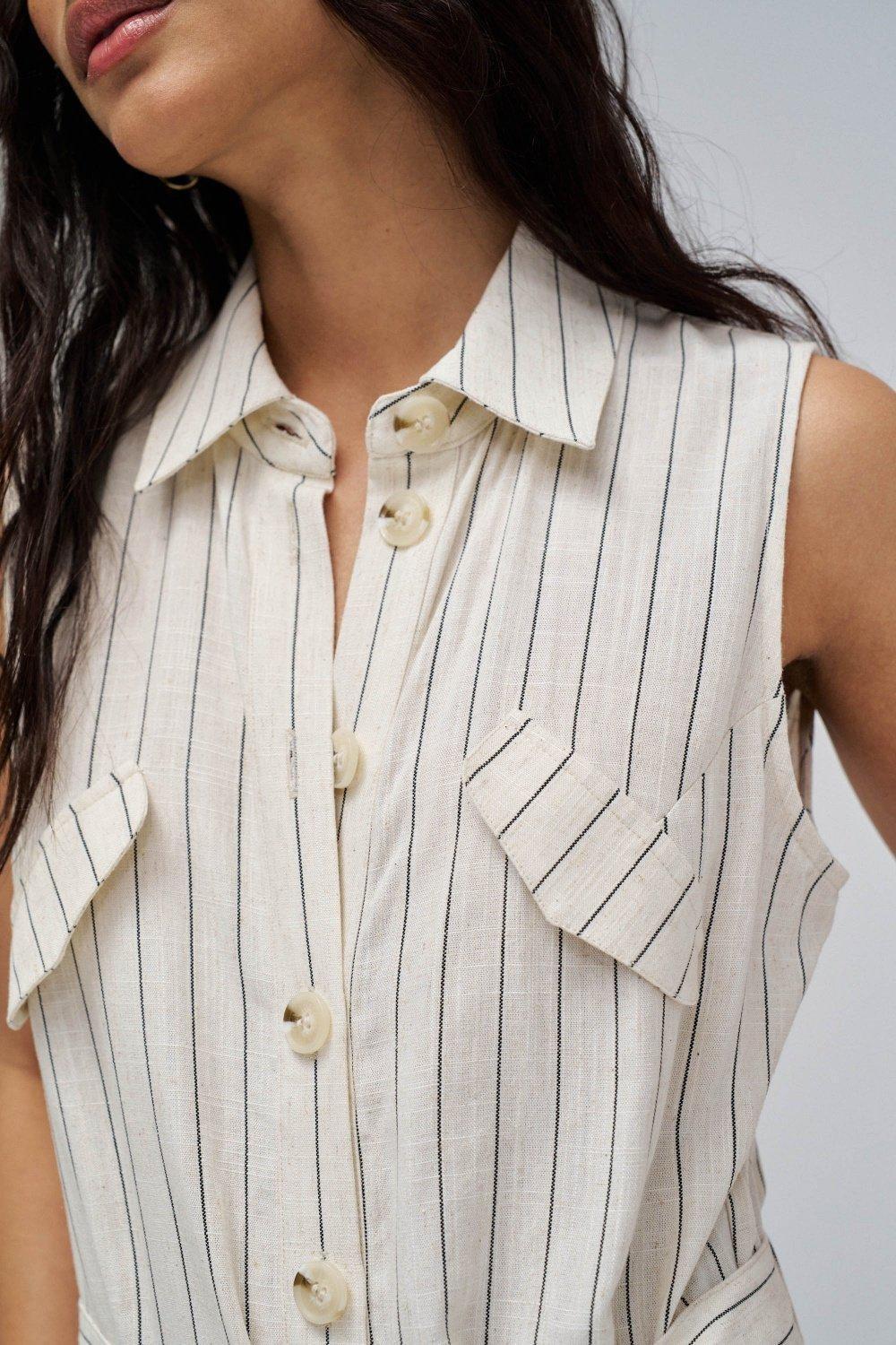 Striped Overalls With Linen, White, large image number 4