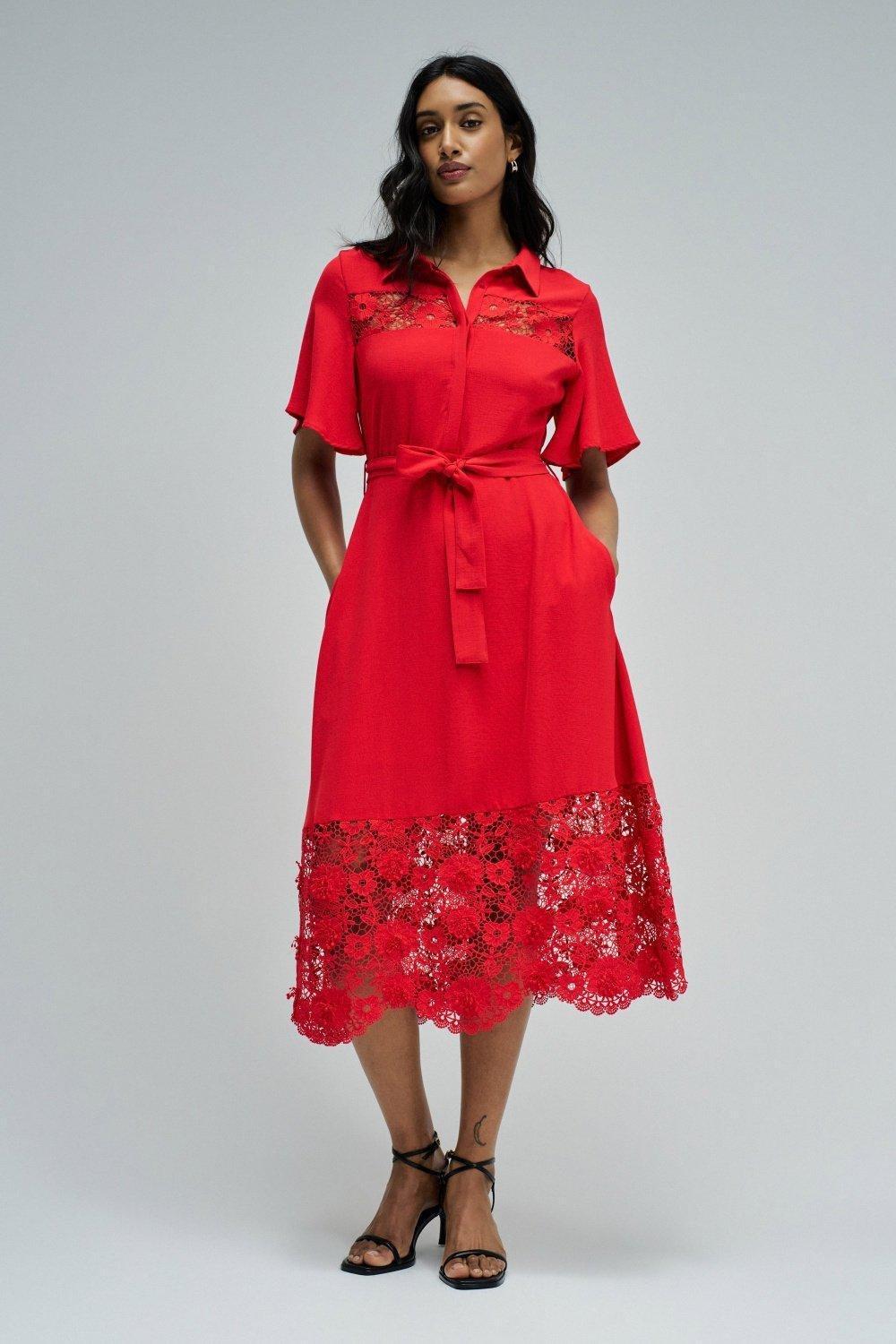 فستان قميص ميدي مع دانتيل, Red, medium