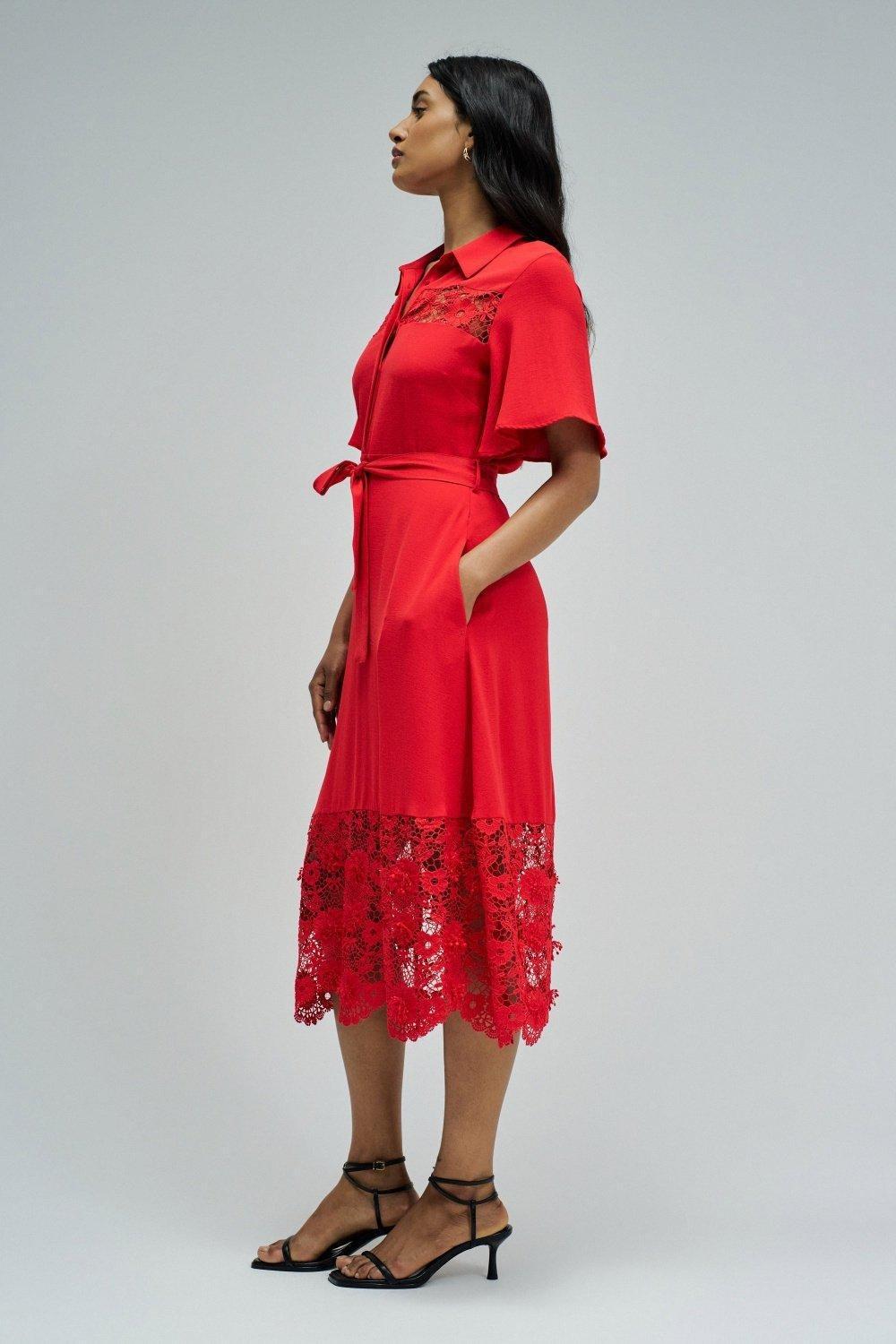 فستان قميص ميدي مع دانتيل, Red, medium