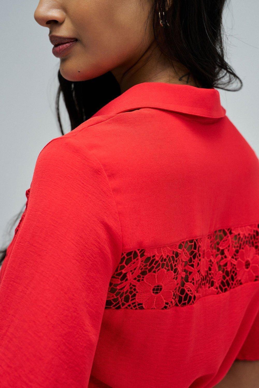 فستان قميص ميدي مع دانتيل, Red, large image number 4