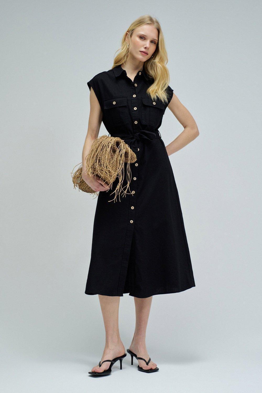 Midi Dress With Linen, Black, large image number 0