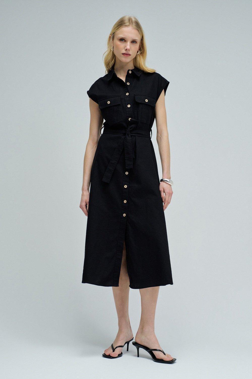 Midi Dress With Linen, Black, medium