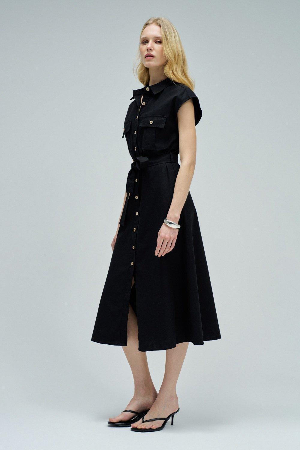 Midi Dress With Linen, Black, large image number 2