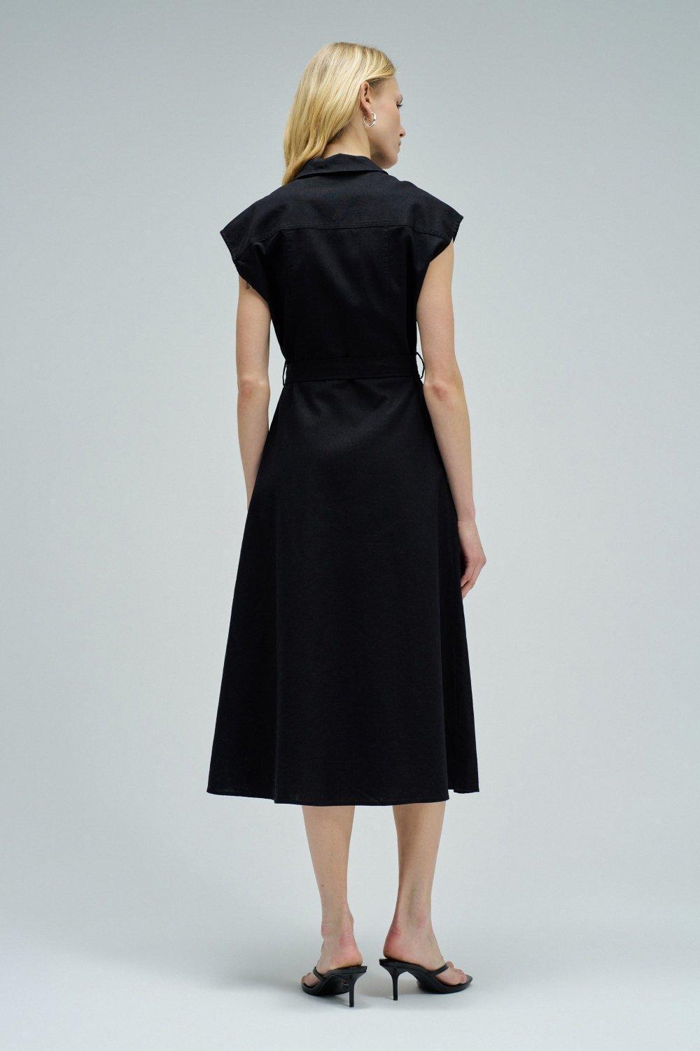 Midi Dress With Linen, Black, large image number 3