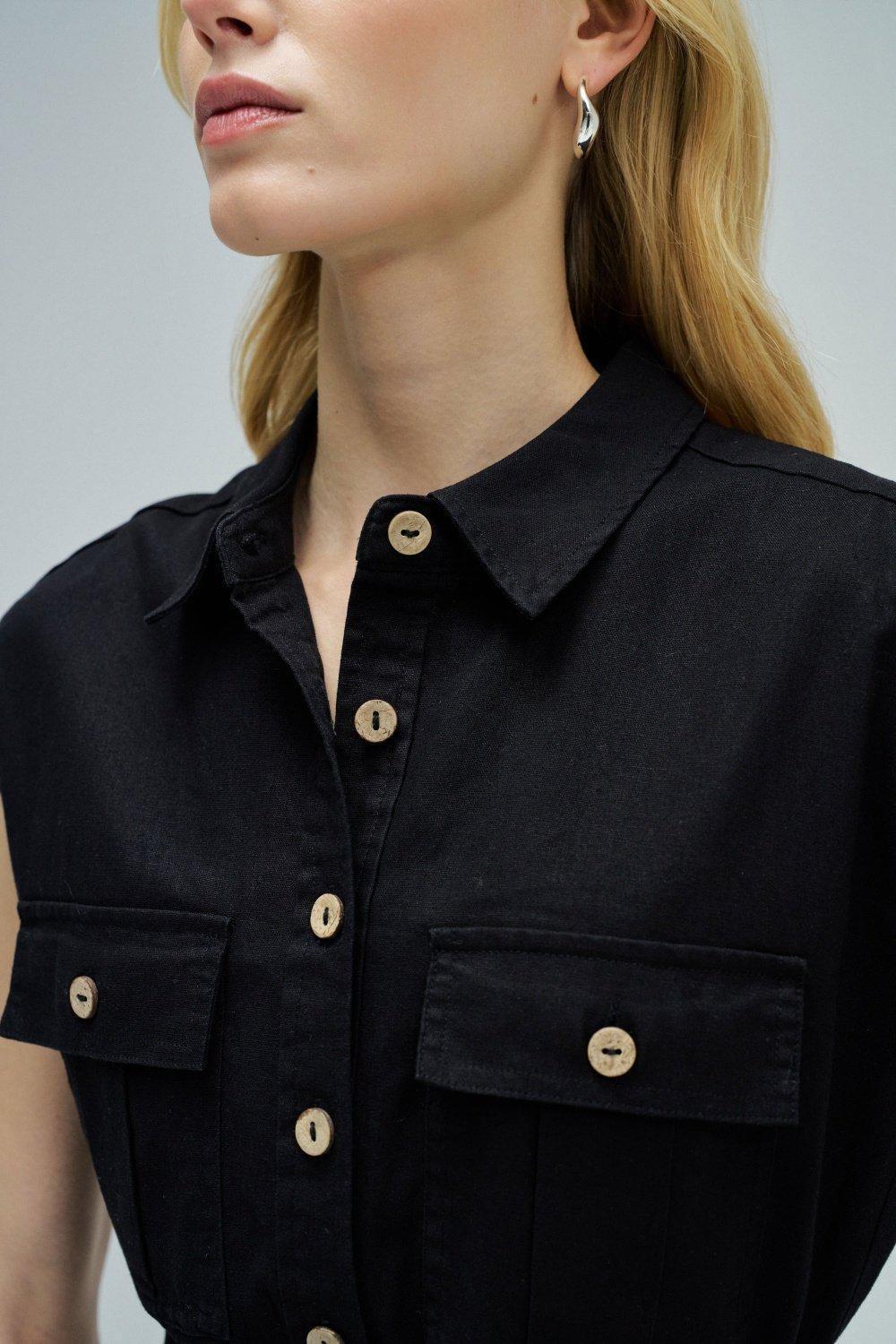 Midi Dress With Linen, Black, large image number 4