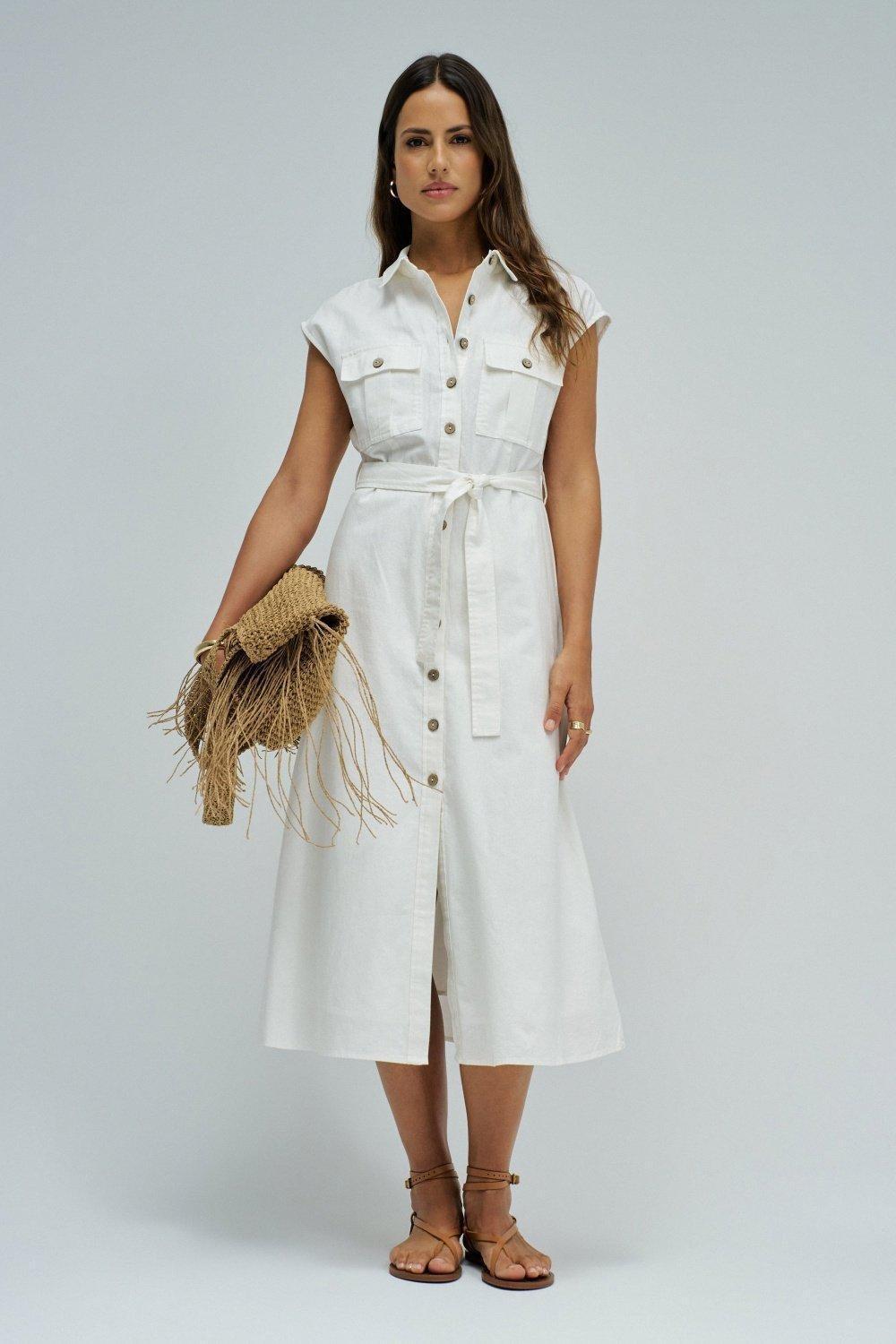 Midi Dress With Linen, White, medium