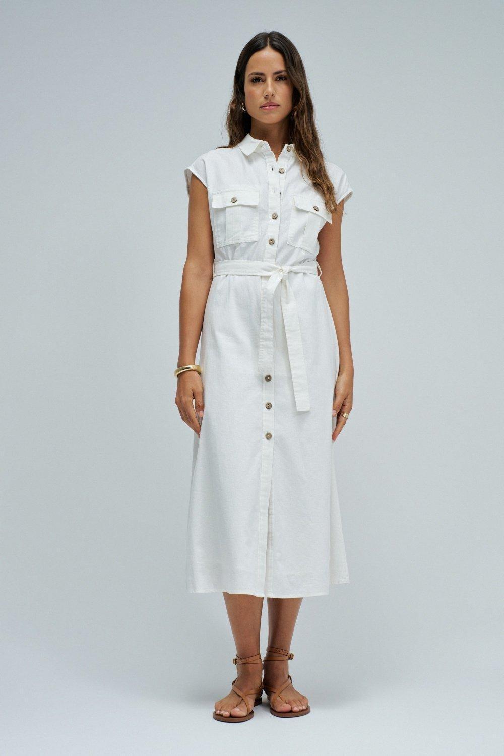 Midi Dress With Linen, White, medium