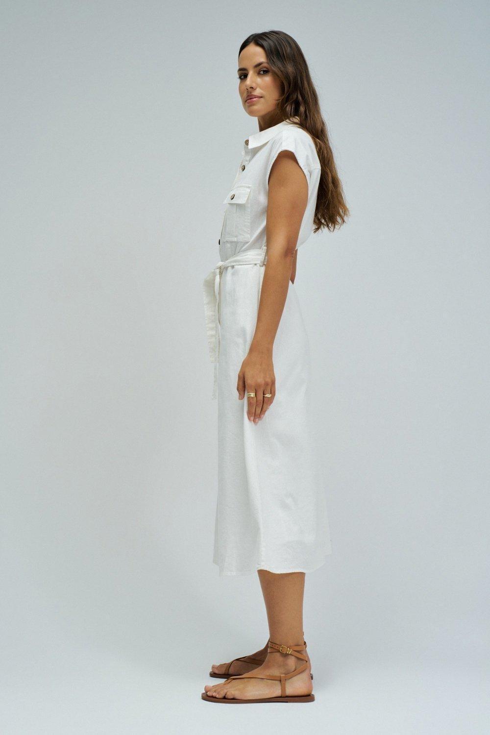 Midi Dress With Linen, White, medium
