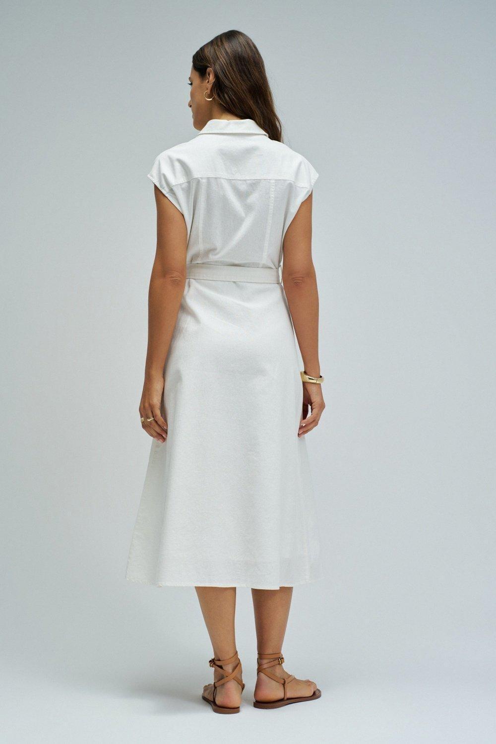Midi Dress With Linen, White, large image number 3