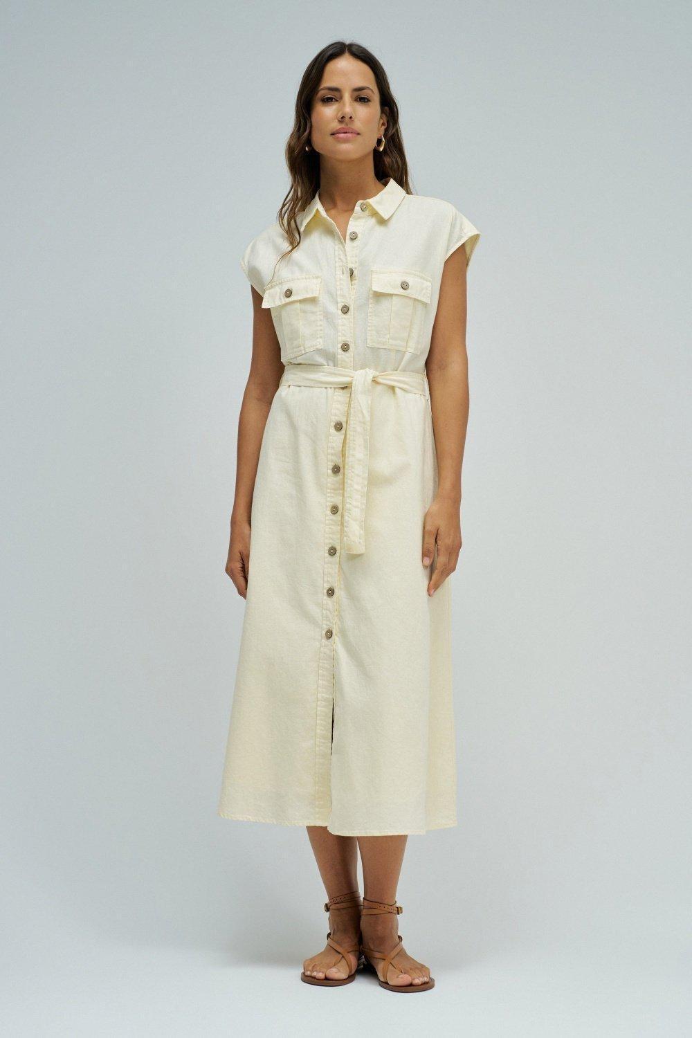 Midi Dress With Linen, Yellow, medium