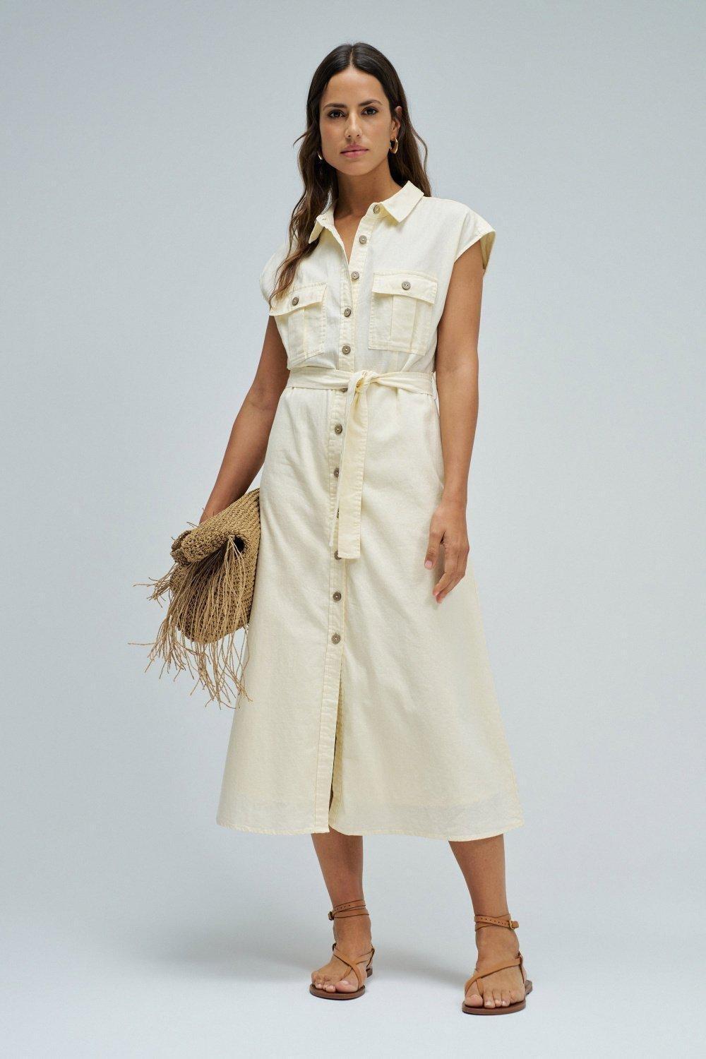 Midi Dress With Linen, Yellow, large image number 1