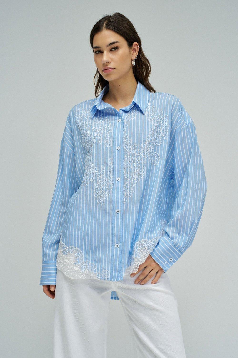 Stripped Shirt With Lace Detail, White, large image number 0