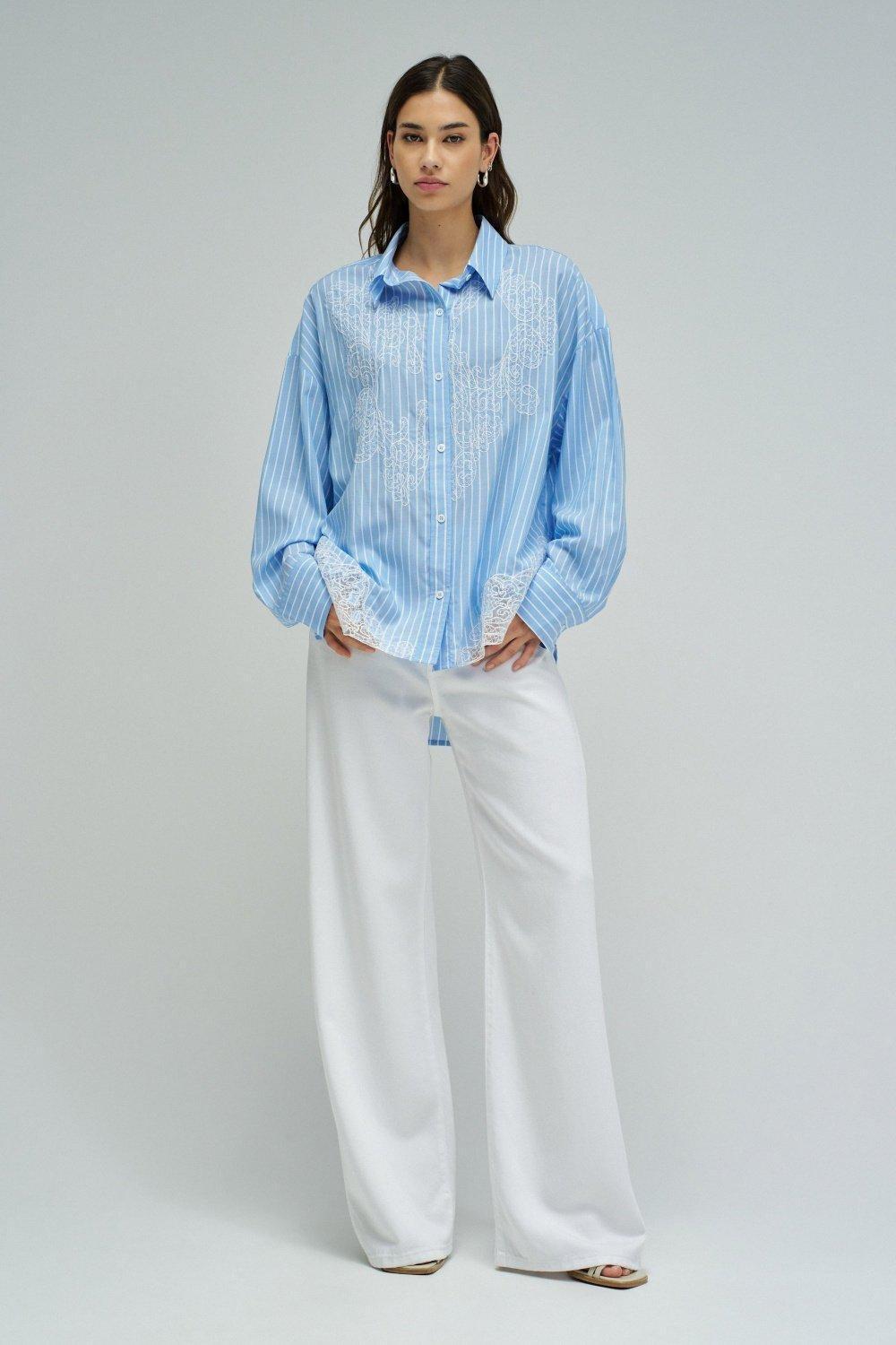 Stripped Shirt With Lace Detail, White, medium