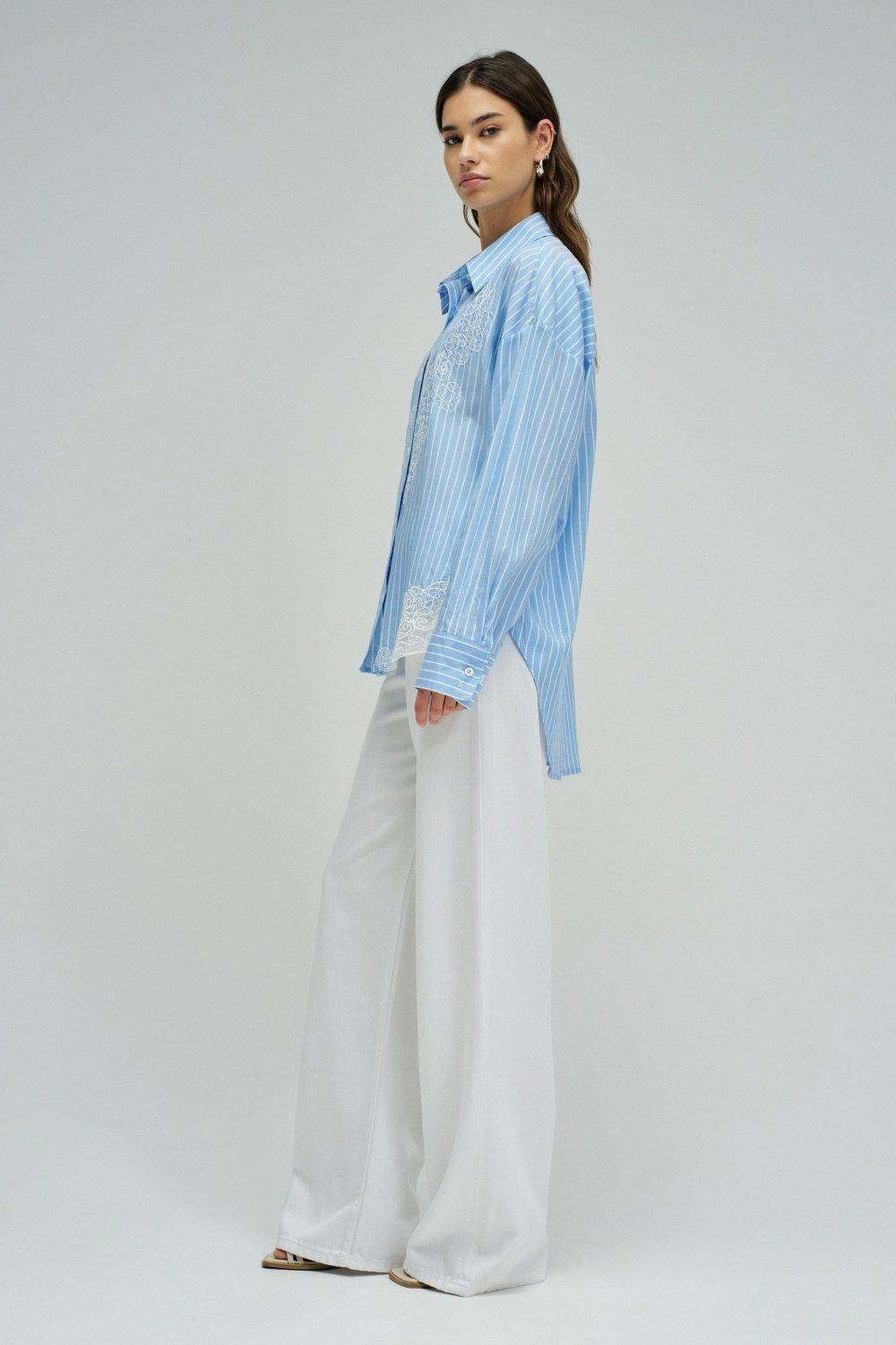 Stripped Shirt With Lace Detail, White, medium