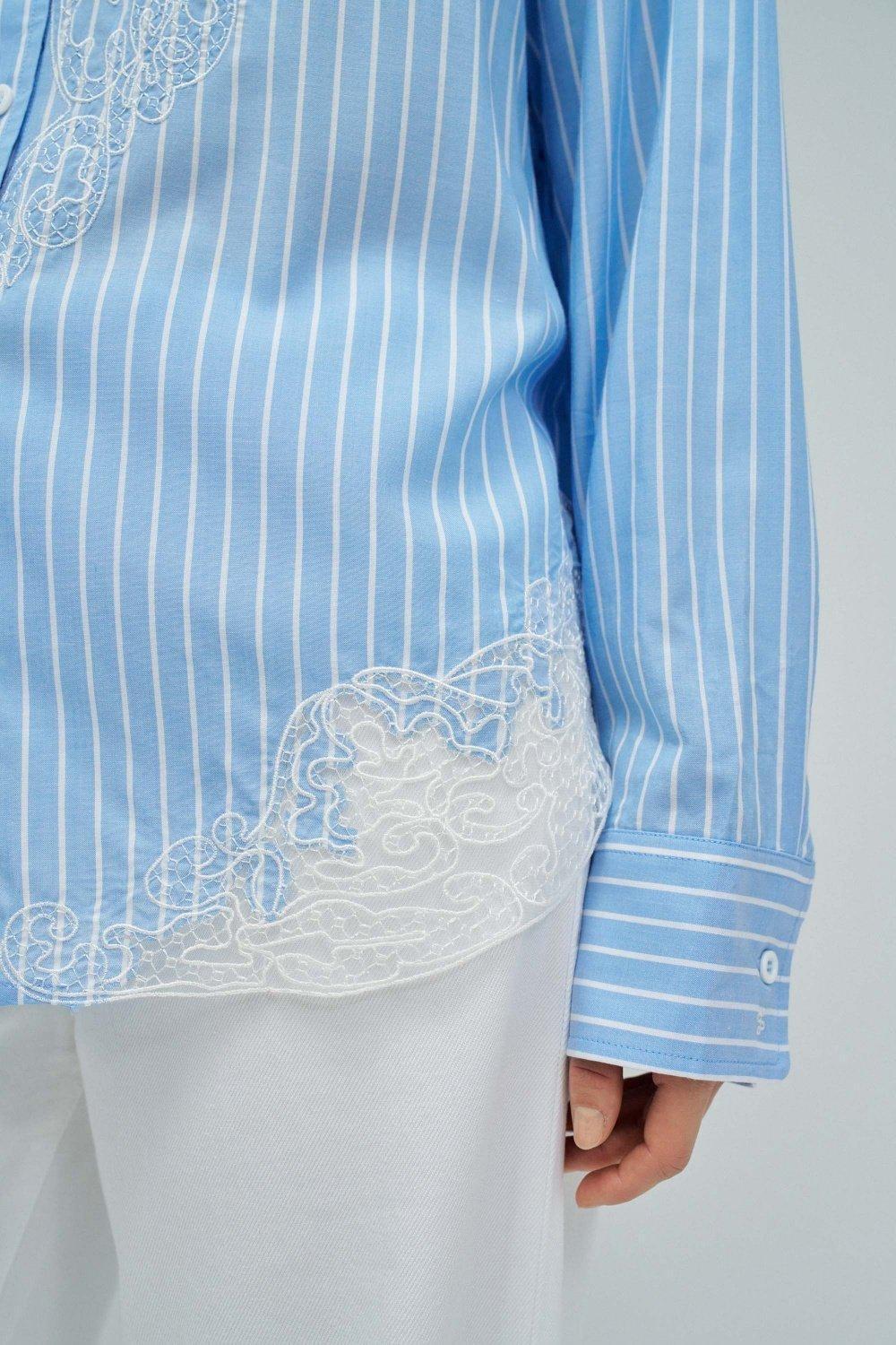 Stripped Shirt With Lace Detail, White, large image number 4