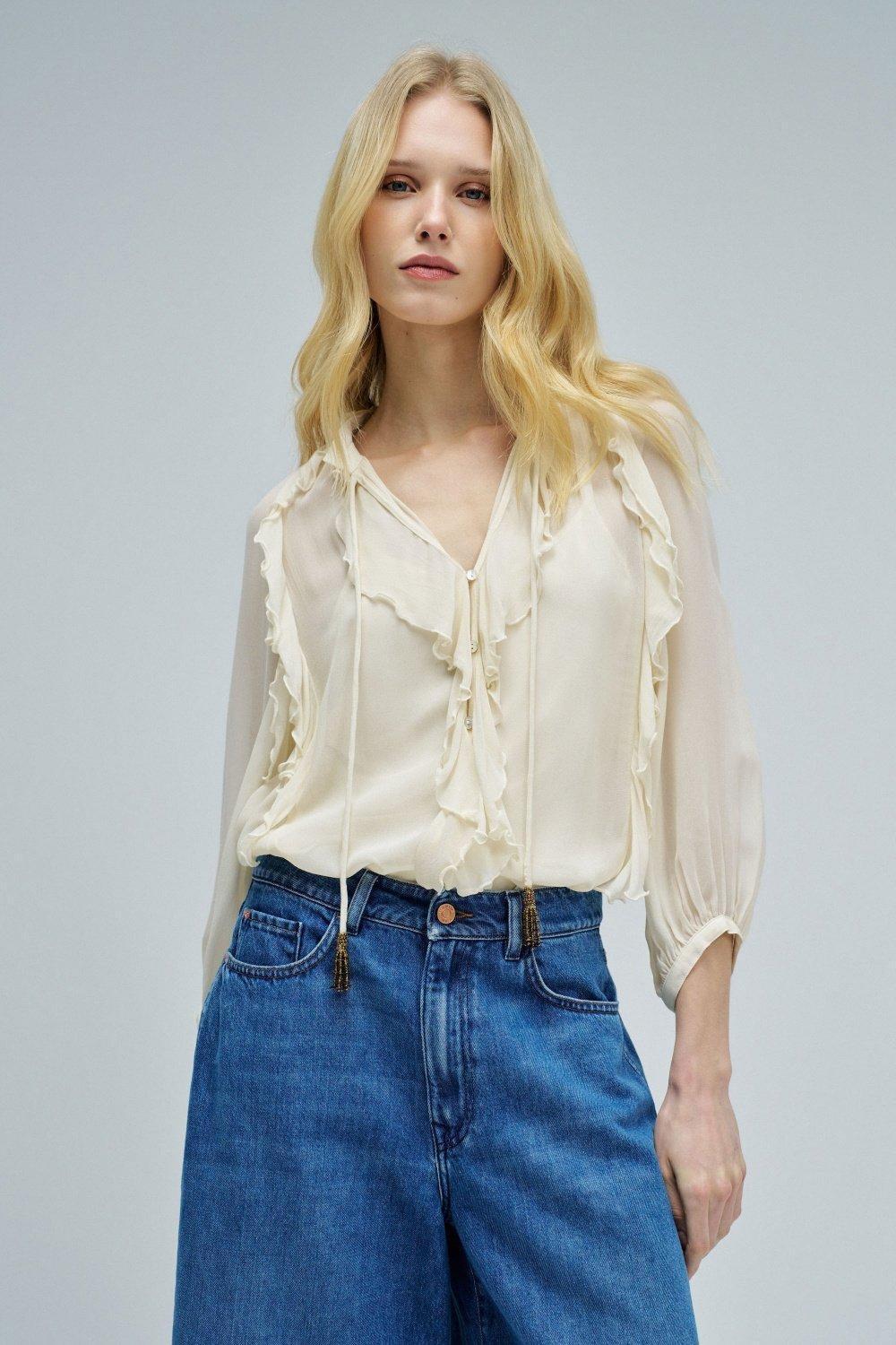 بلوزة مكشكشة, White, medium