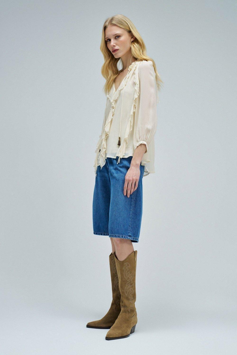بلوزة مكشكشة, White, medium