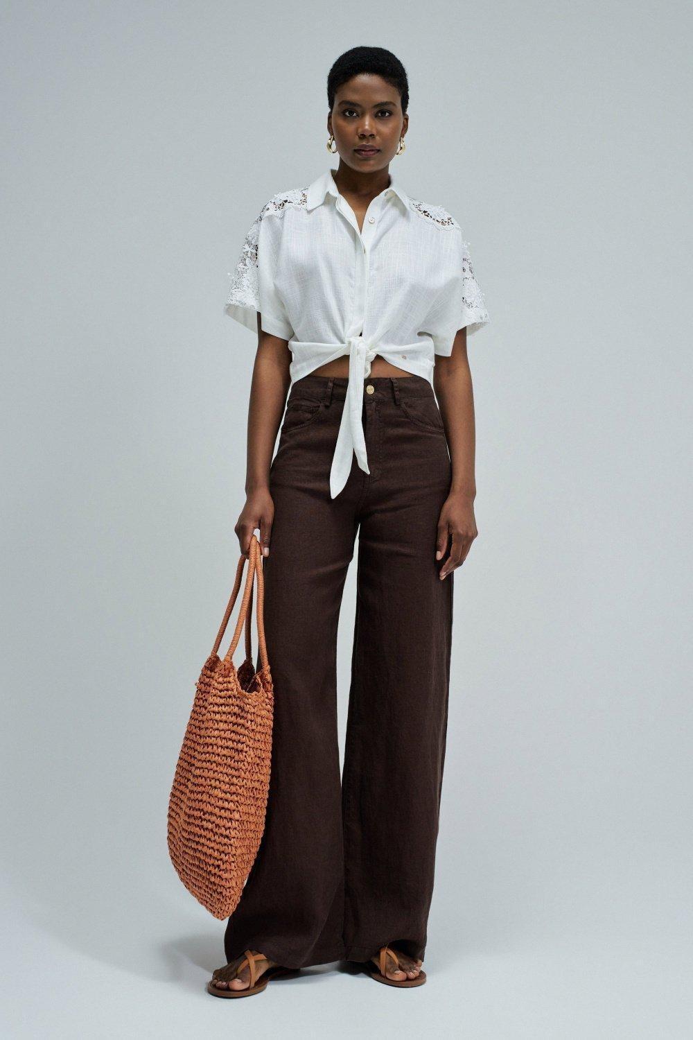 Shirt With Lace And Linen, White, medium