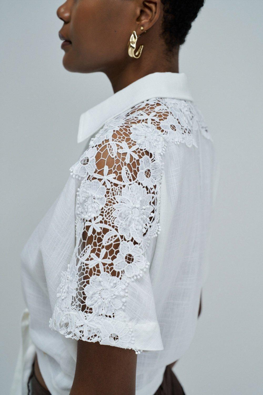 قميص مع دانتيل وكتان, White, large image number 4