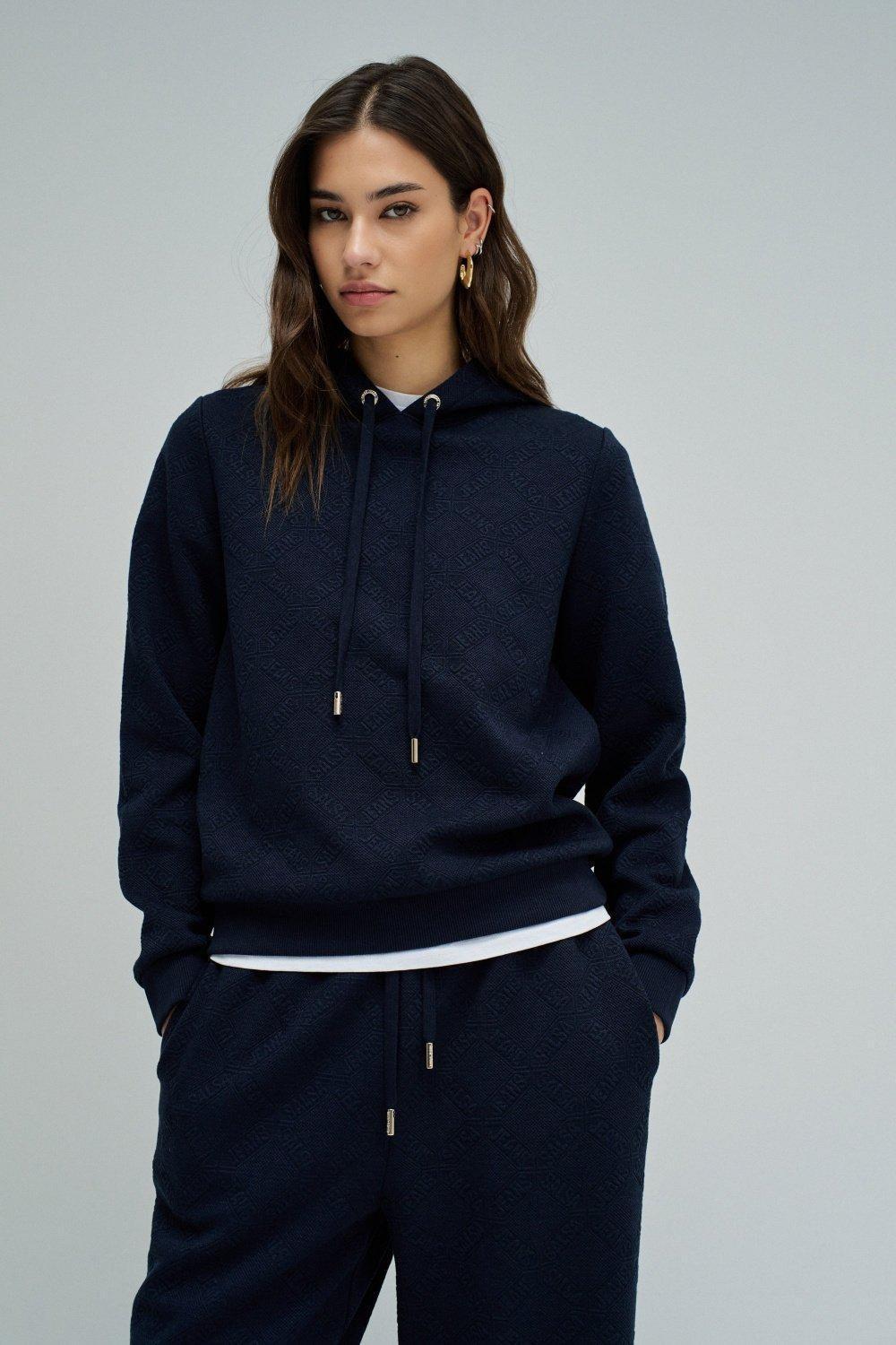 Hoodie With Jacquard, Navy, medium