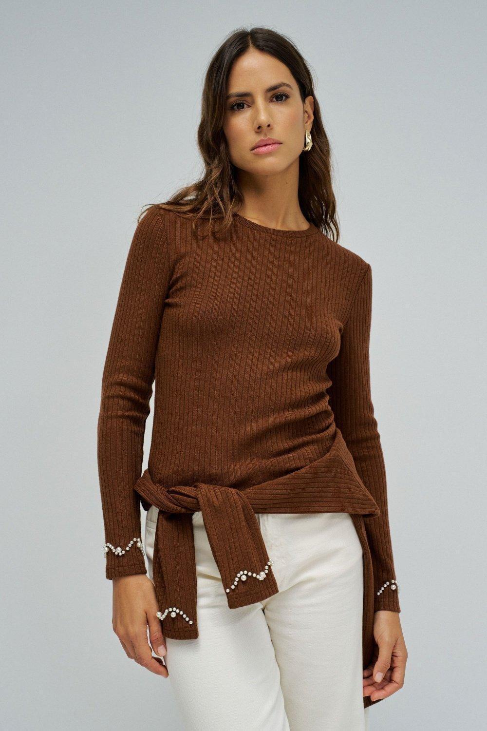 Ribbed Knit Sweater, Brown, large image number 0