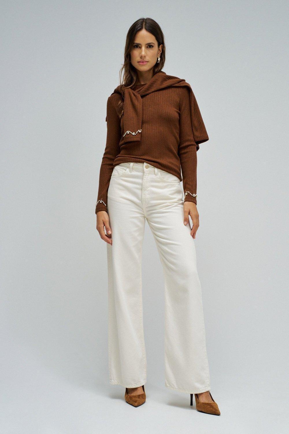 Ribbed Knit Sweater, Brown, large image number 1