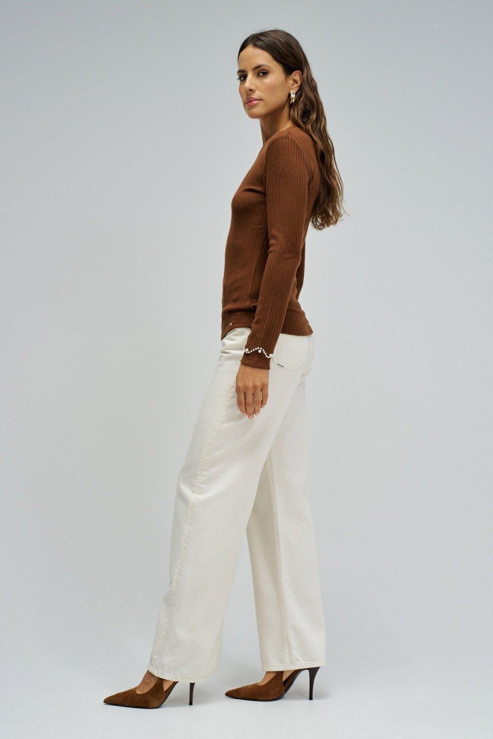 Ribbed Knit Sweater, Brown, medium