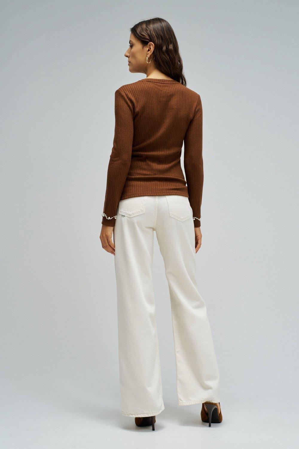 Ribbed Knit Sweater, Brown, large image number 3