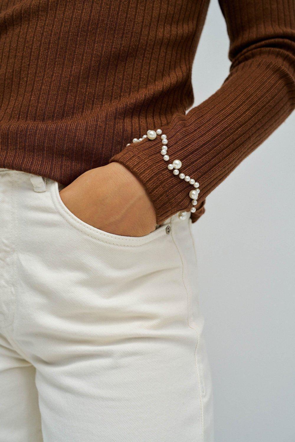 Ribbed Knit Sweater, Brown, large image number 4