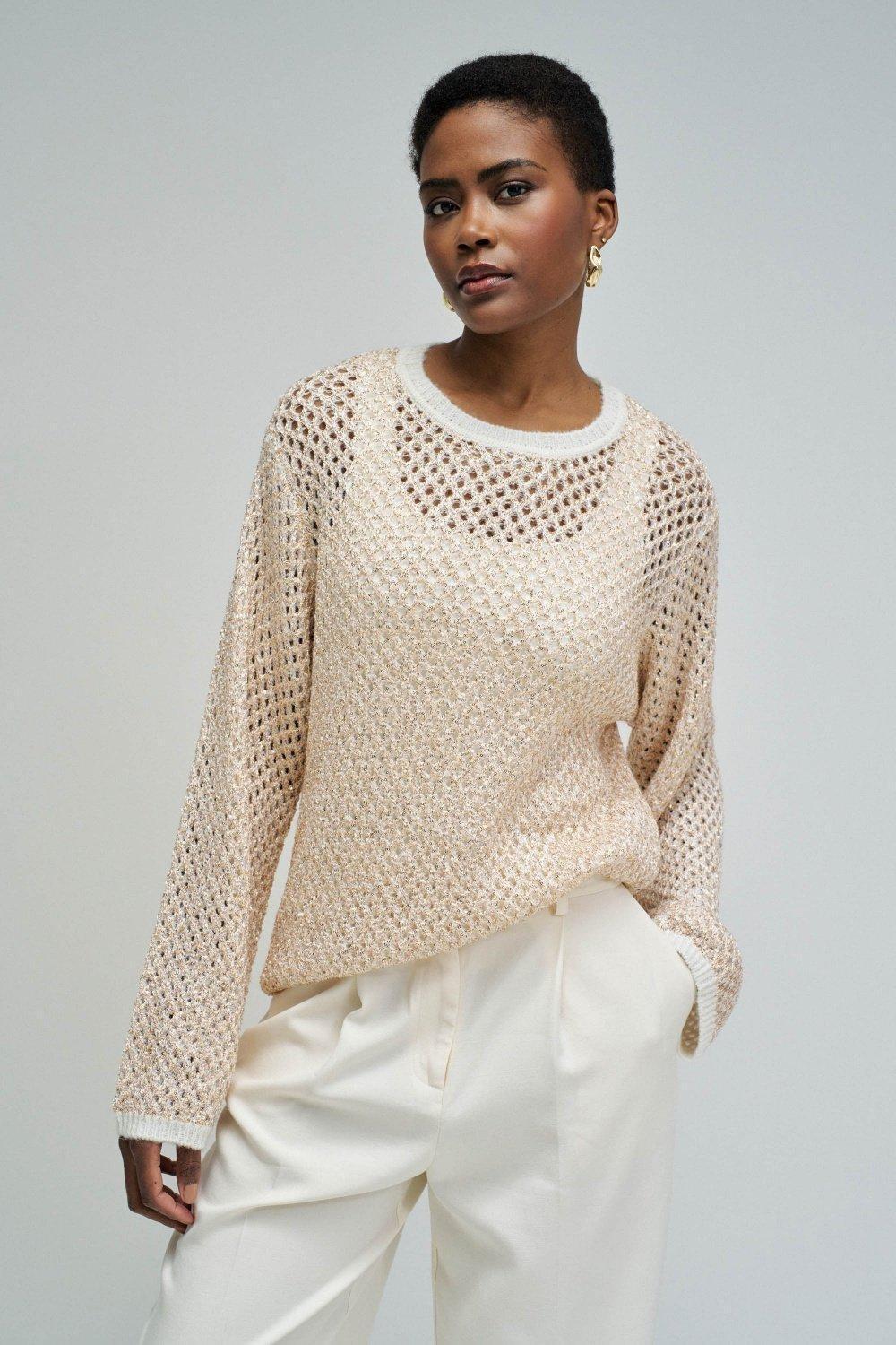Knit Sweater With Lurex, Beige, large image number 0