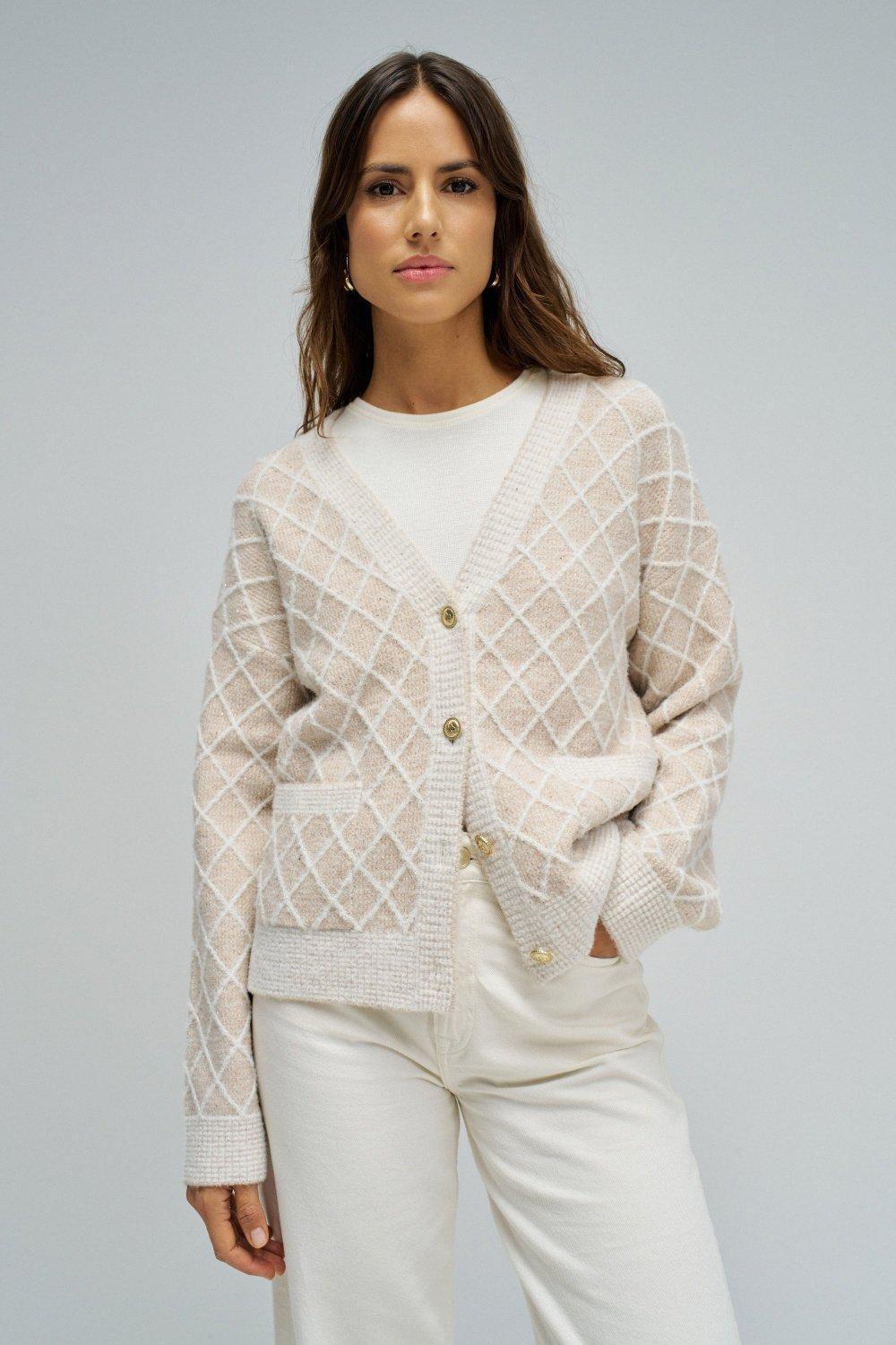 Cardigan With Jacquard And Lurex, Beige, medium