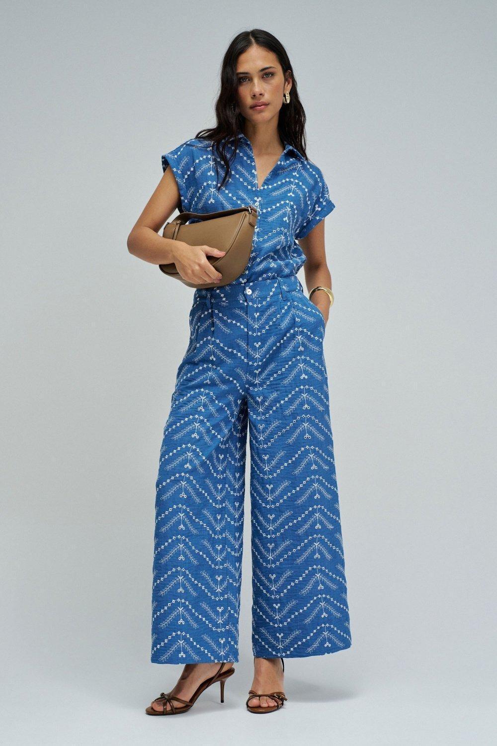 Jeans High Rise Cropped Wide with Embroidery, Blue, large image number 1