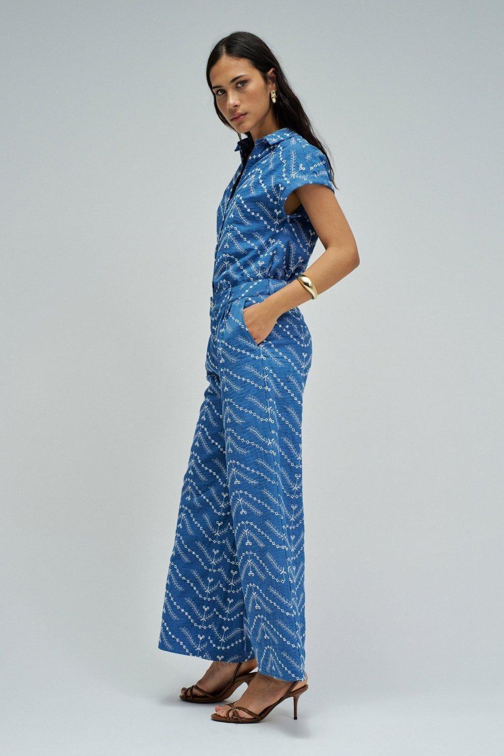 Cropped Wide Chino Trousers With Embroidery, Blue, medium