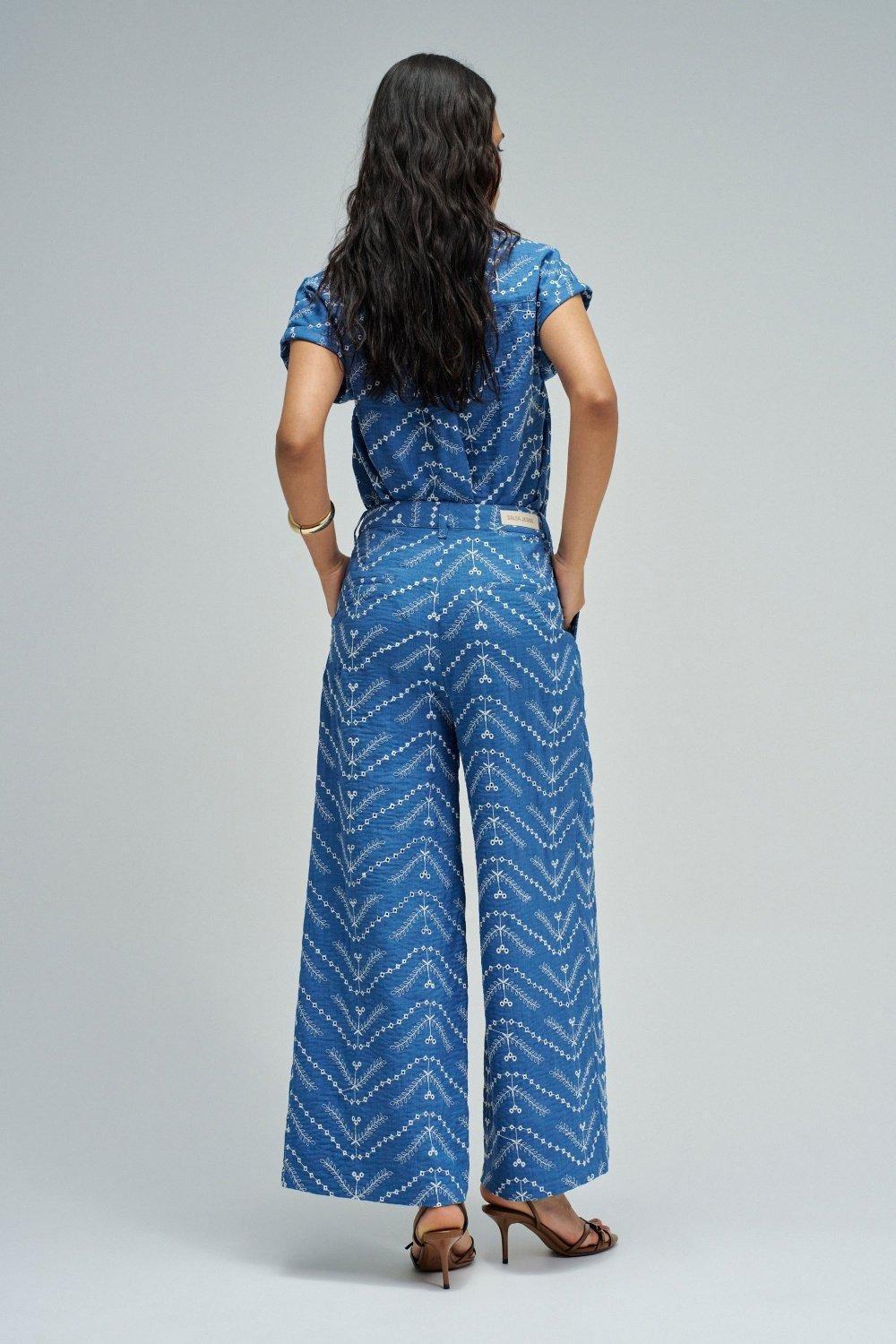 Jeans High Rise Cropped Wide with Embroidery, Blue, large image number 3