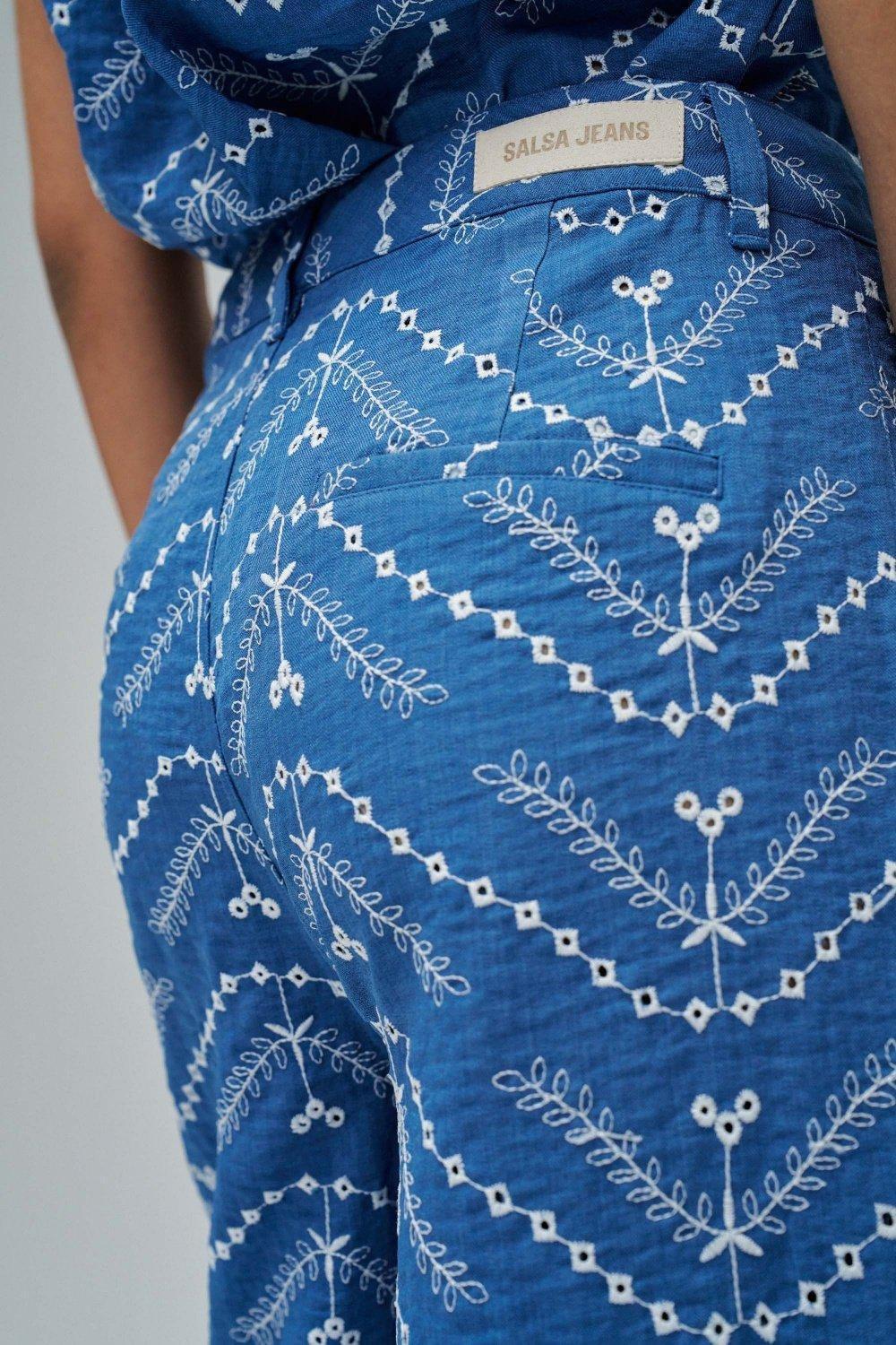 Cropped Wide Chino Trousers With Embroidery, Blue, large image number 4