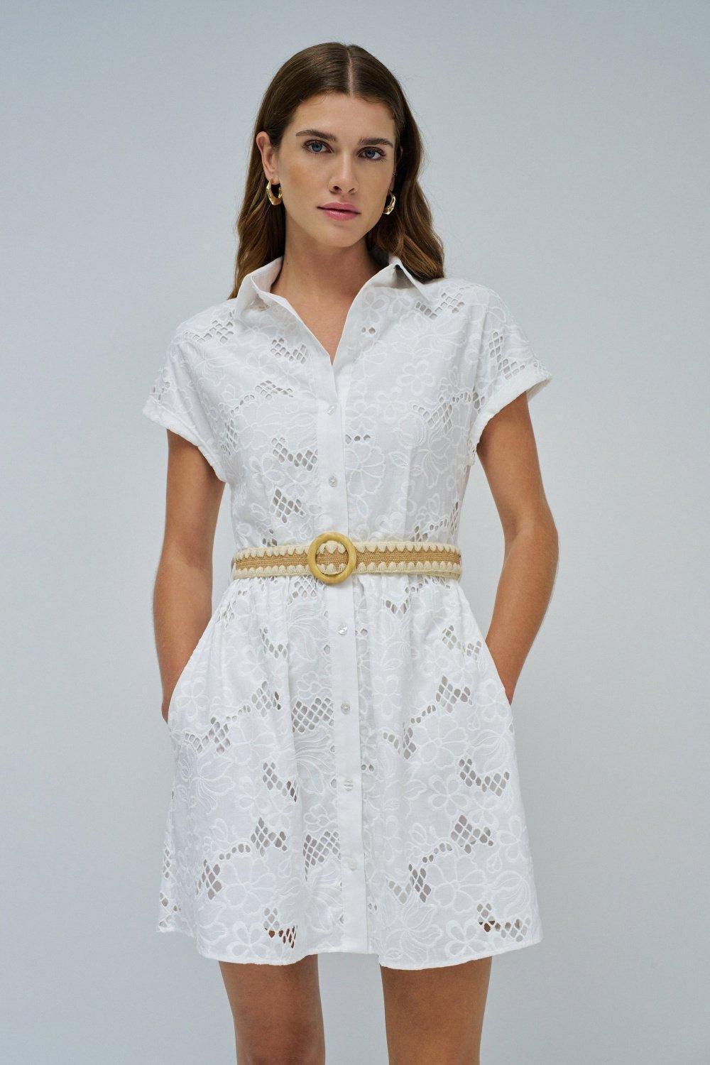 Embroidered Shirt Dress , White, medium