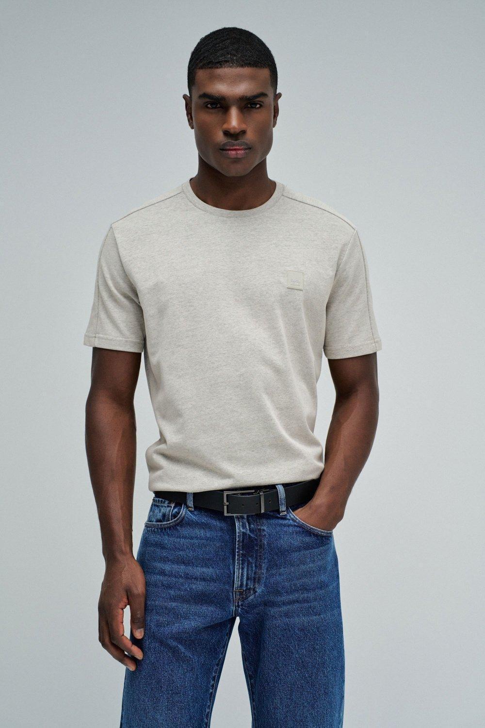 T-Shirt Regular Fit Melange Pique Structure, Beige, medium