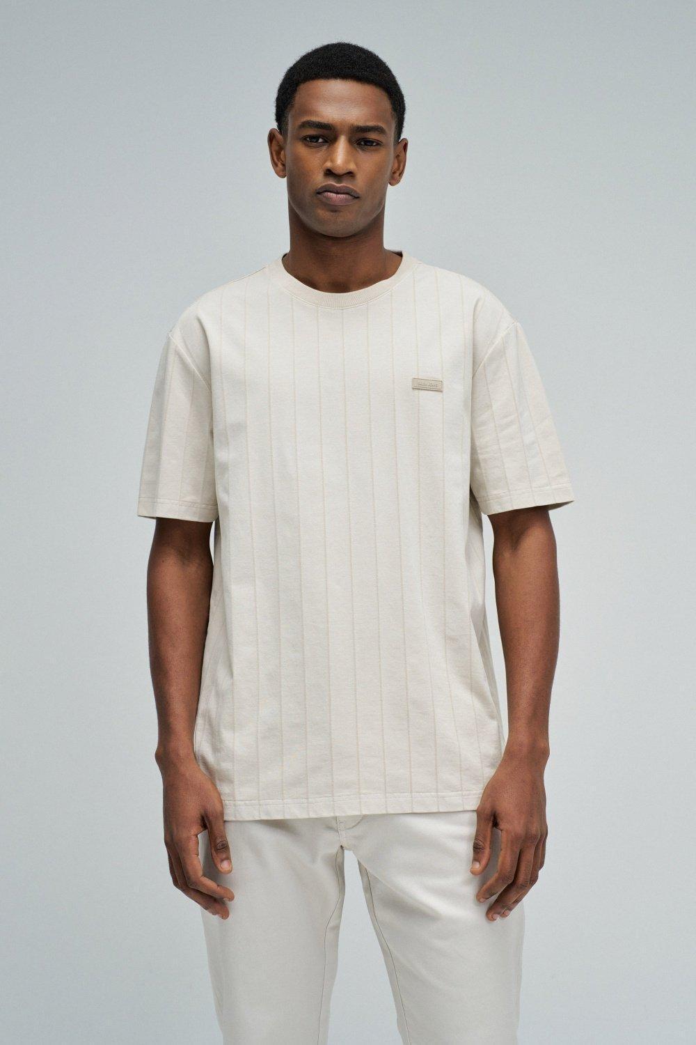 T-Shirt Regular Fit Textured Striped, Cream, large image number 0