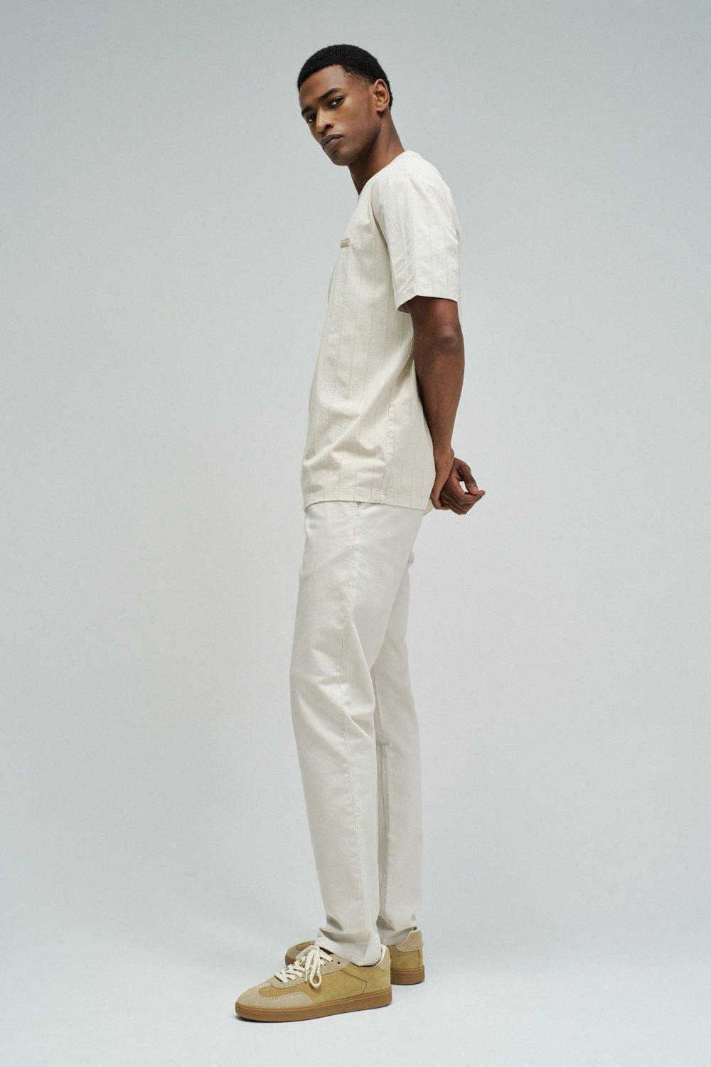 T-Shirt Regular Fit Textured Striped, Cream, medium